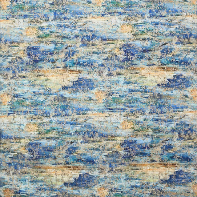 Abstract blue, cream and copper woven fabric with painterly texture