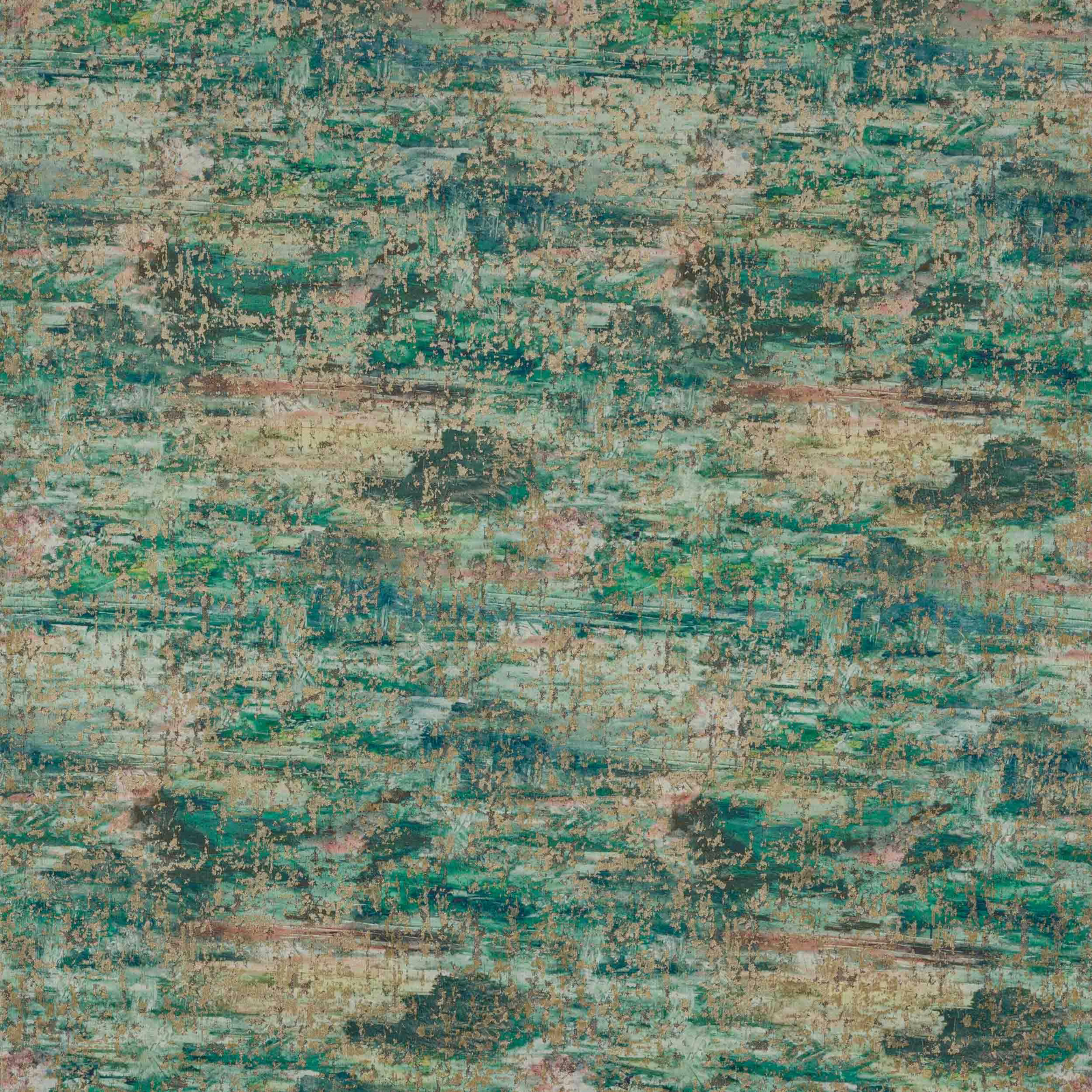 Abstract teal and aqua fabric with distressed beige striations and textured weave