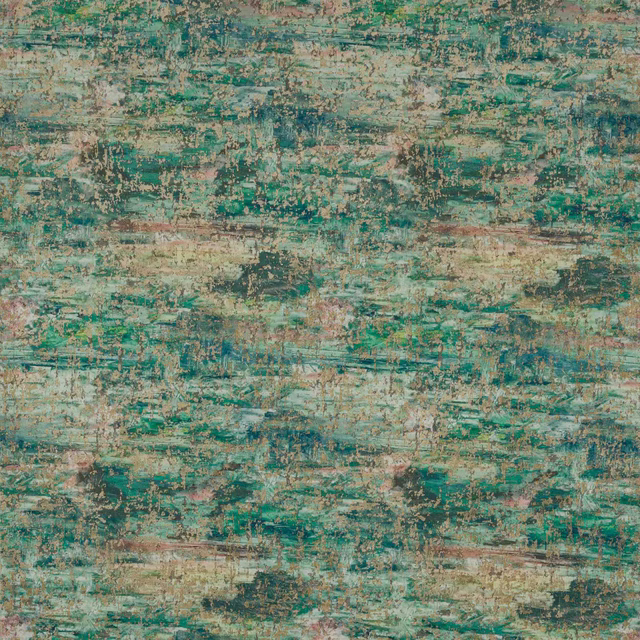 Abstract teal and aqua fabric with distressed beige striations and textured weave