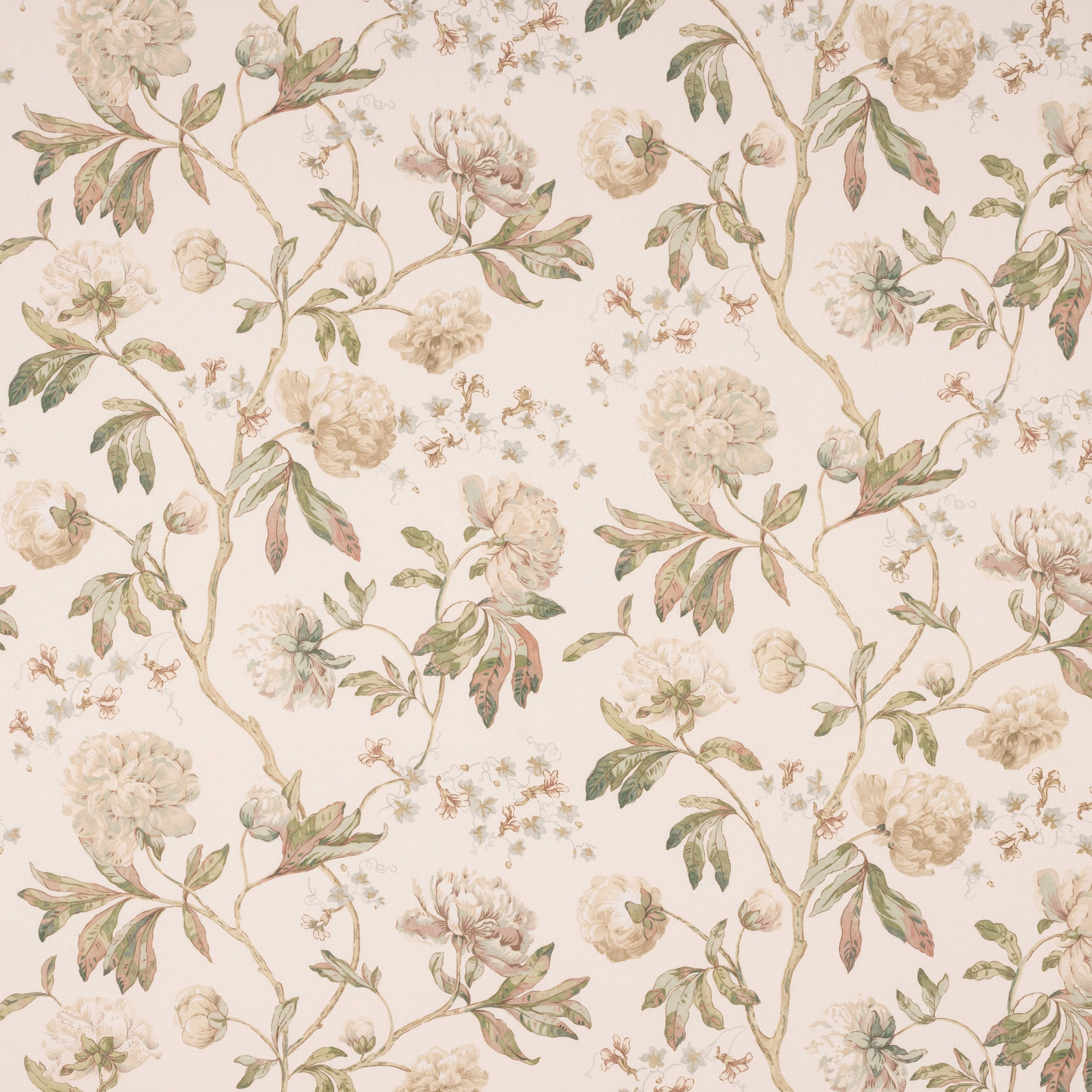 Ivory linen floral swatch with soft green leaves and trailing branches
