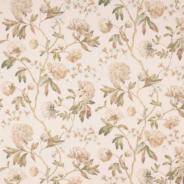 Ivory linen floral swatch with soft green leaves and trailing branches