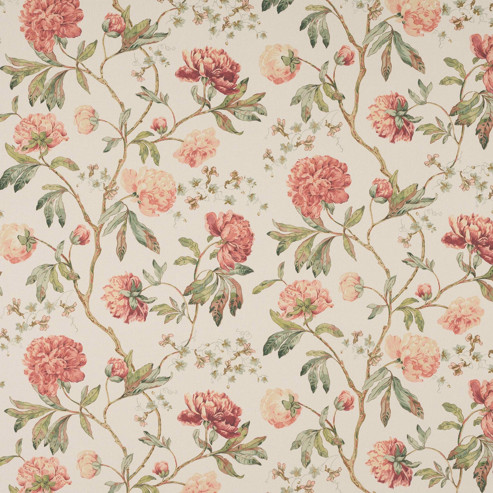 Painted red and blush floral linen with sage green stems on ivory ground