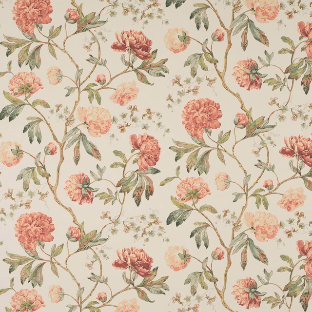 Painted red and blush floral linen with sage green stems on ivory ground