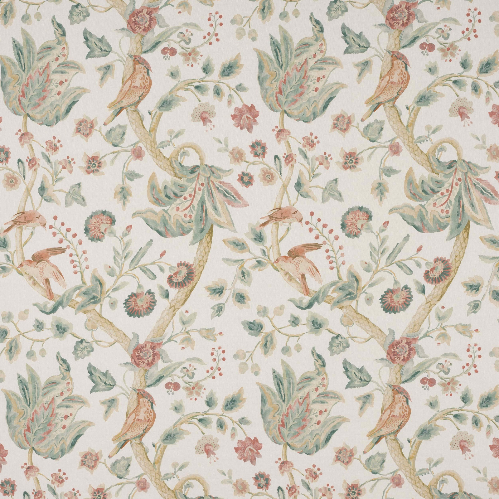 Aqua and blush botanical linen print with birds and trailing branches