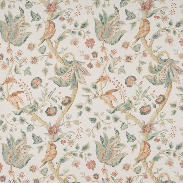 Aqua and blush botanical linen print with birds and trailing branches