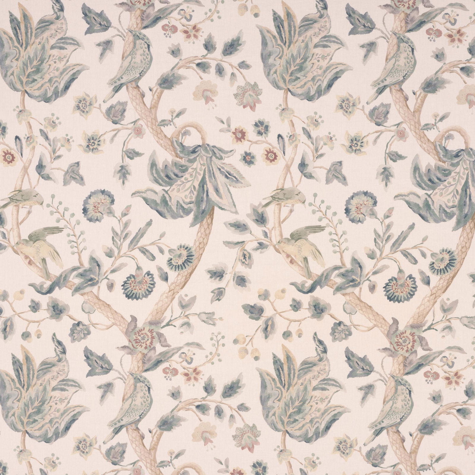 Cream linen floral fabric with soft blue-green birds, branches and flowers
