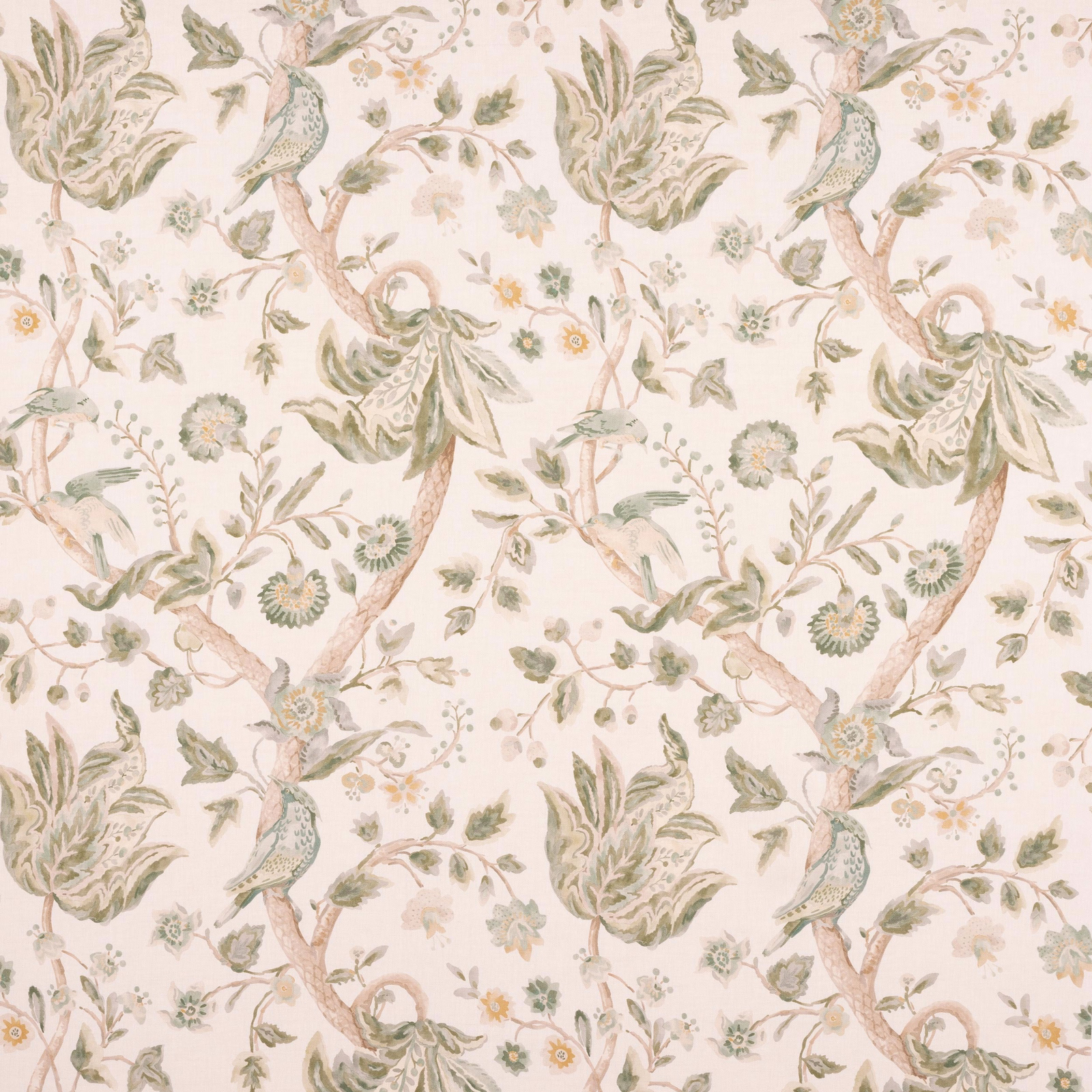 Cream linen fabric with forest green floral branches and small birds