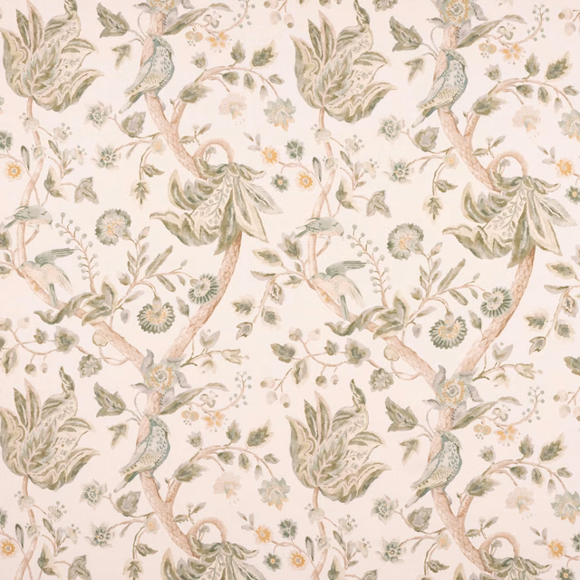 Cream linen fabric with forest green floral branches and small birds