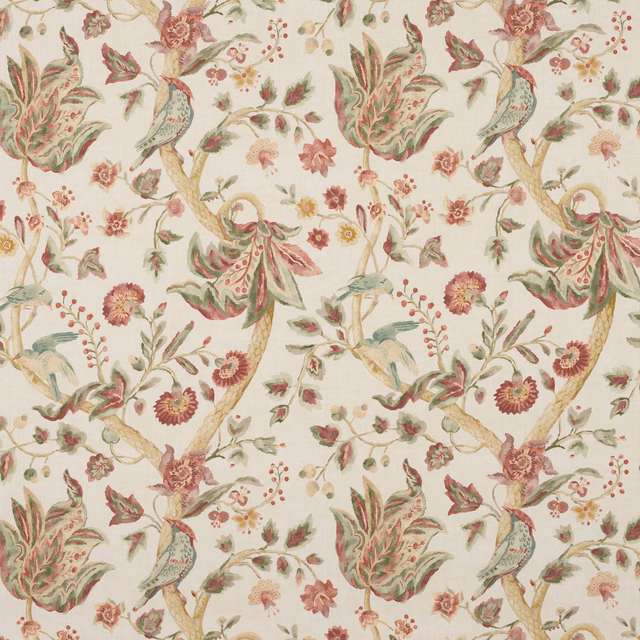 Painterly red and green floral linen fabric on an ivory ground