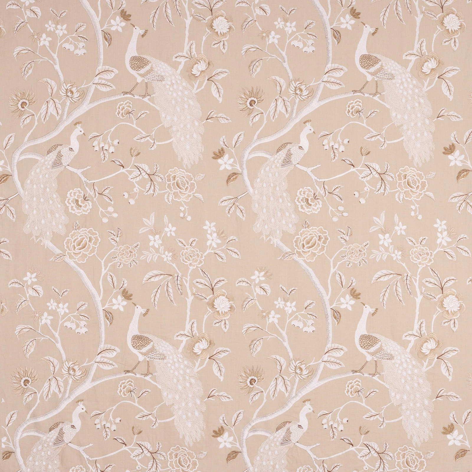 Beige fabric swatch with ivory peacocks, floral branches and trailing tree motif