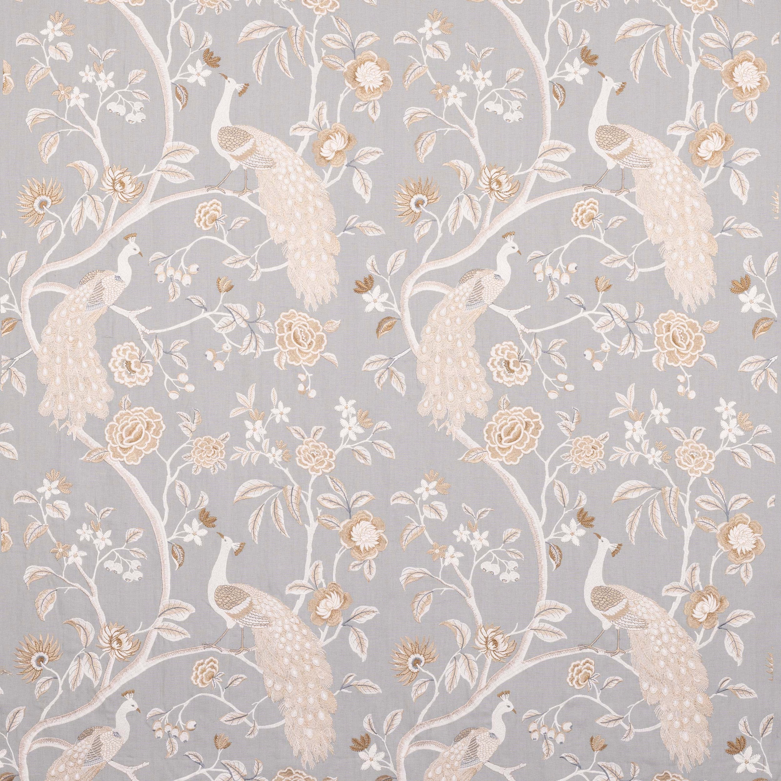 Pale blue botanical fabric with peacocks, vines and cream-gold flowers
