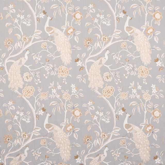 Pale blue botanical fabric with peacocks, vines and cream-gold flowers