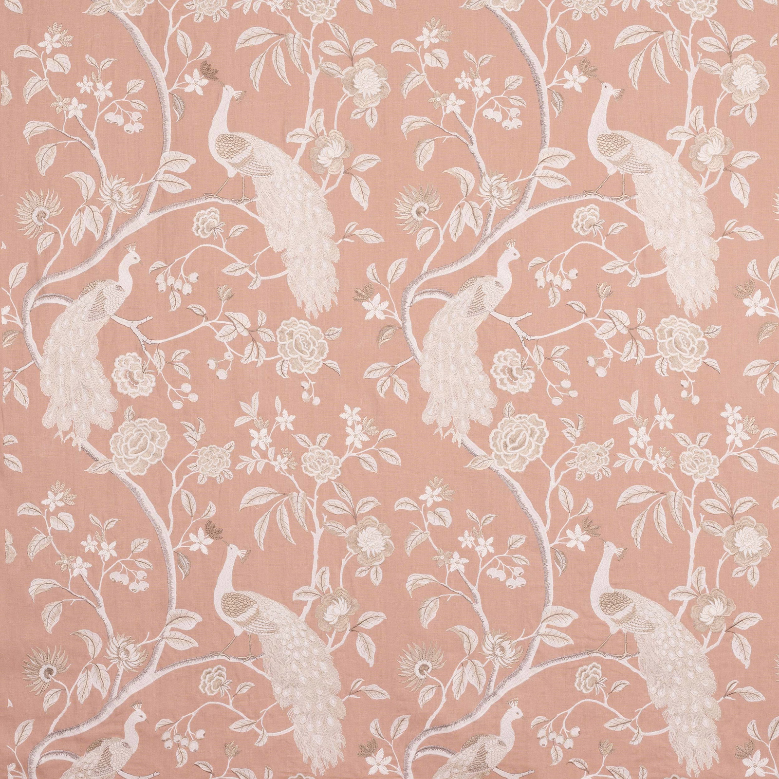 Soft old pink peacock and floral fabric with ivory embroidery-style detail