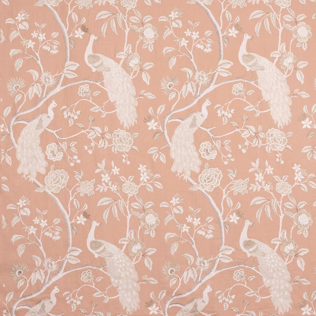 Soft old pink peacock and floral fabric with ivory embroidery-style detail