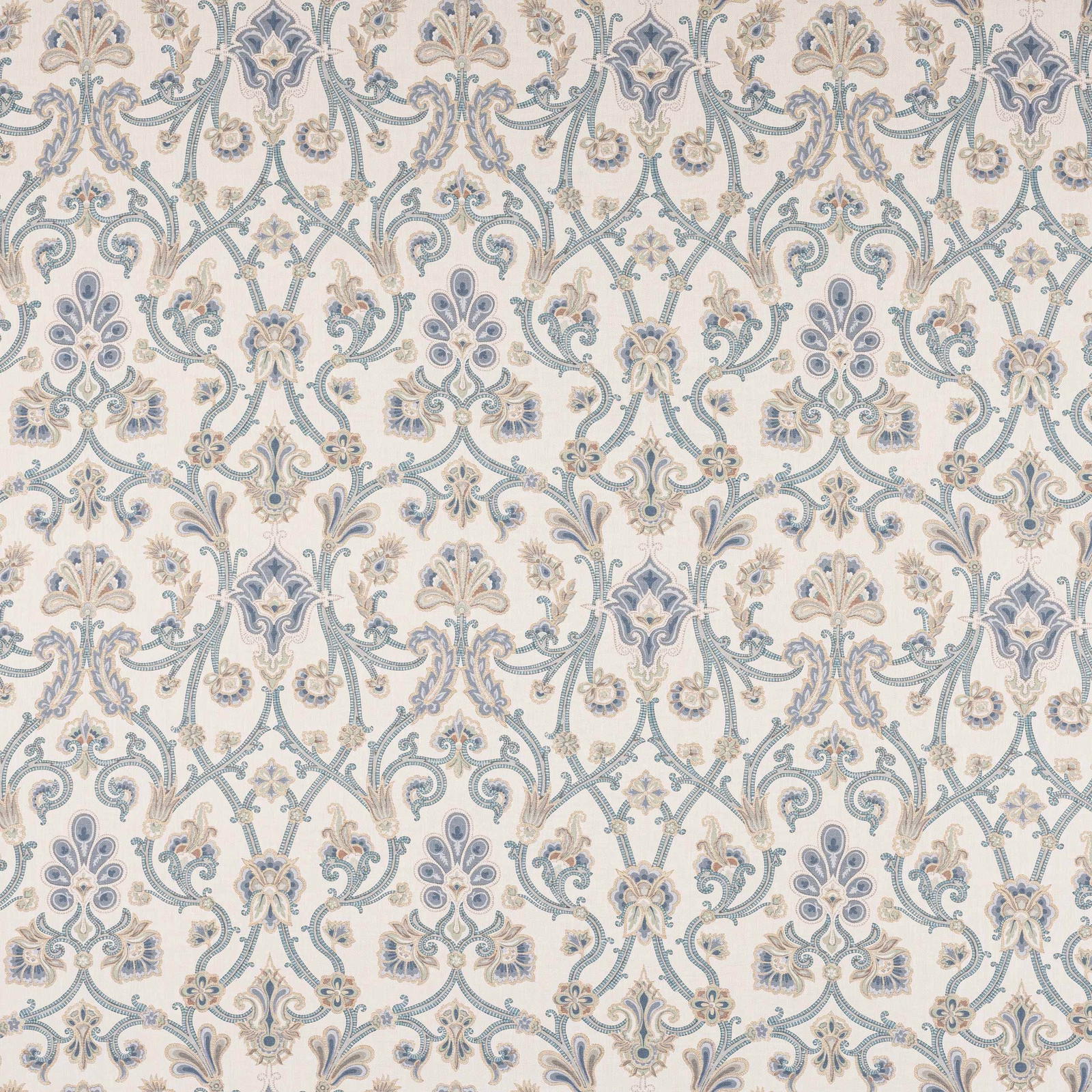 Pale blue and ivory damask linen swatch with scrolling floral motifs