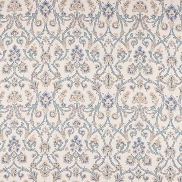 Pale blue and ivory damask linen swatch with scrolling floral motifs