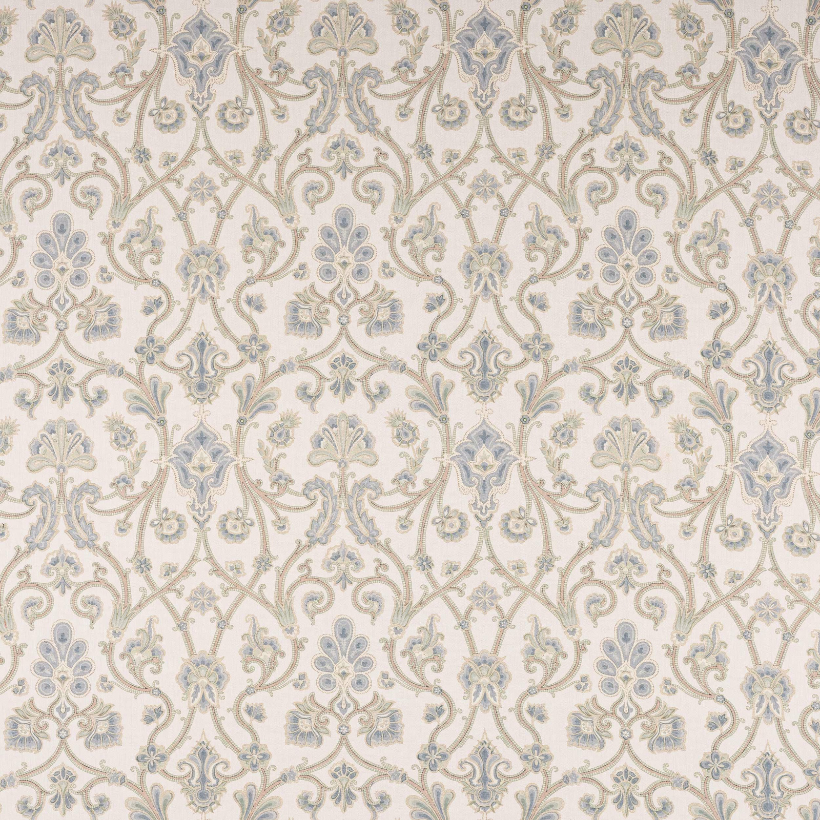 Ivory linen damask with soft old blue and muted taupe detailing