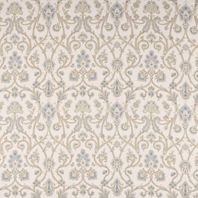 Ivory linen damask with soft old blue and muted taupe detailing