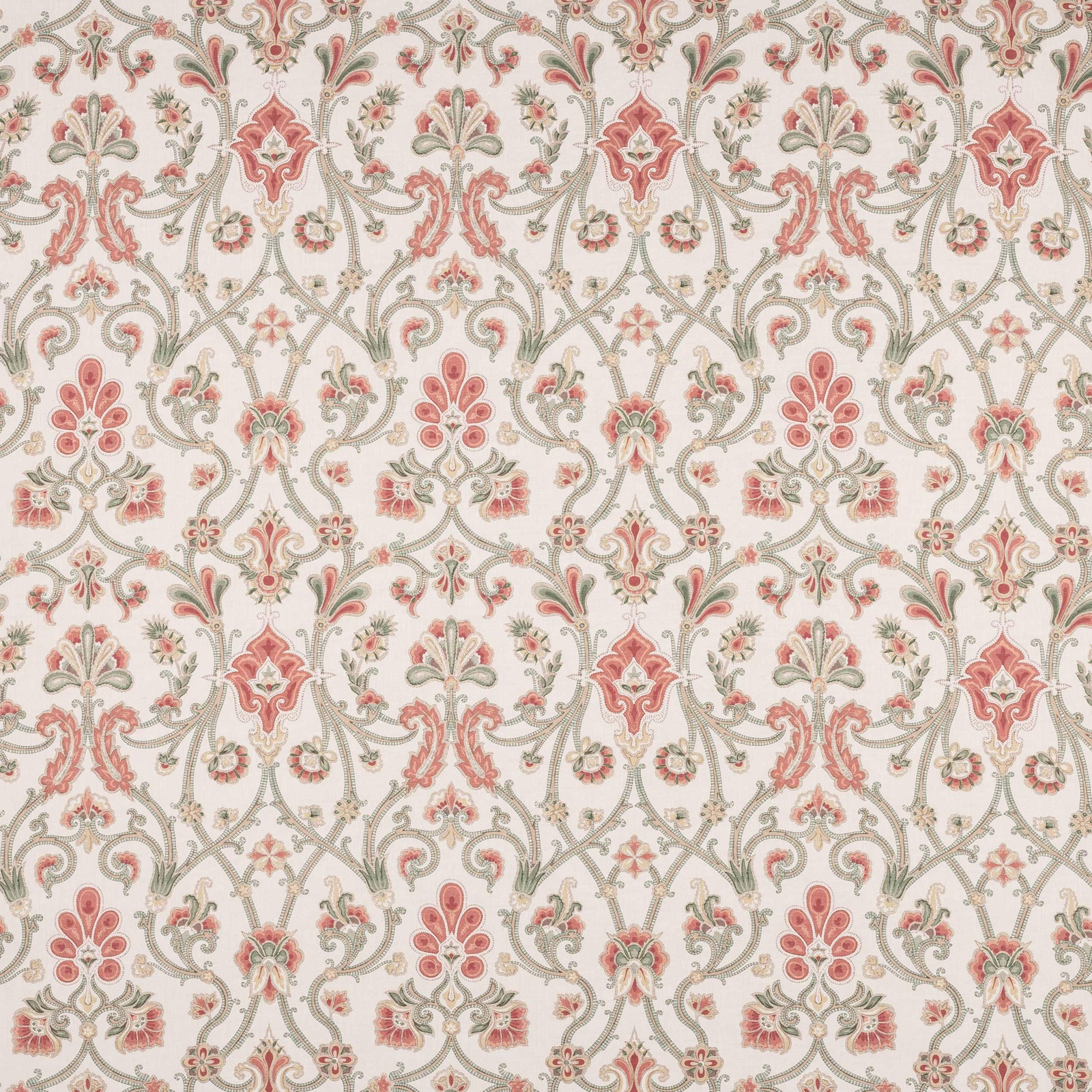 Cream linen fabric with blush pink and sage green scrolling damask motif