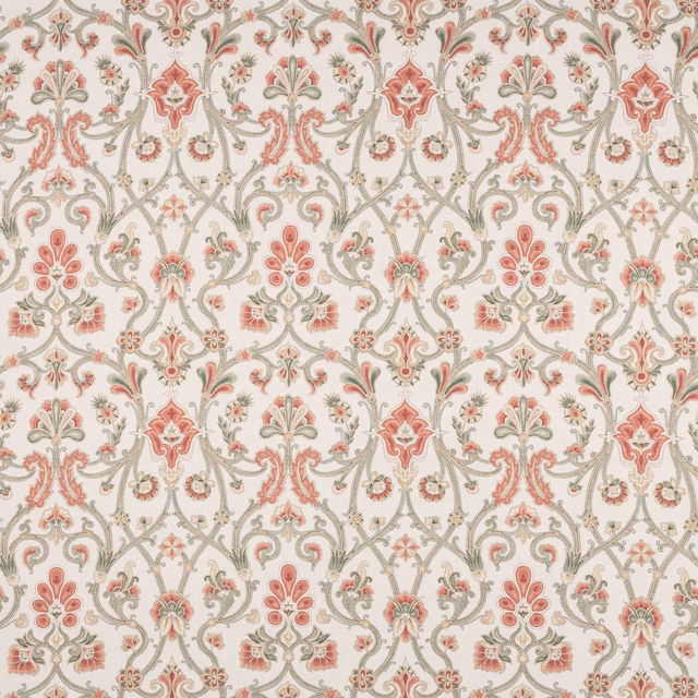 Cream linen fabric with blush pink and sage green scrolling damask motif
