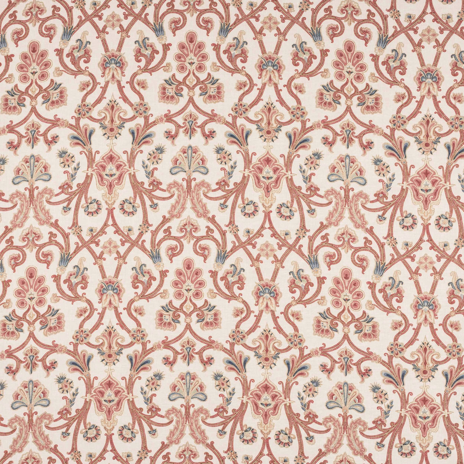 Cream linen fabric with scrolling rose-red damask and muted blue-green floral details