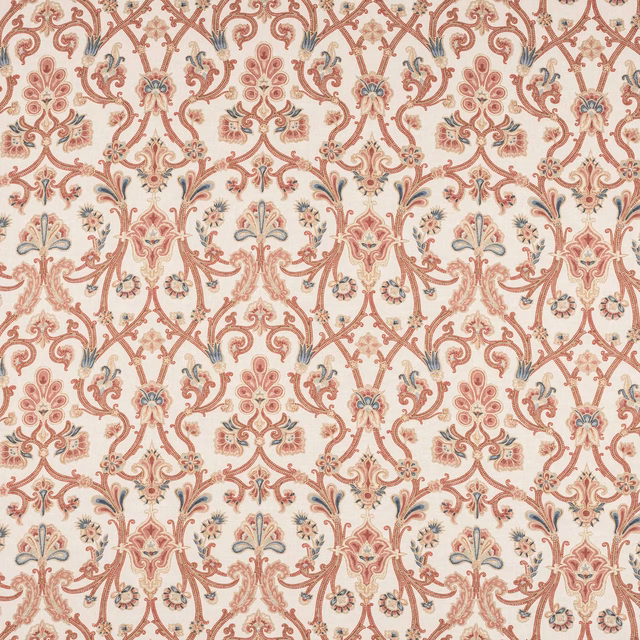 Cream linen fabric with scrolling rose-red damask and muted blue-green floral details