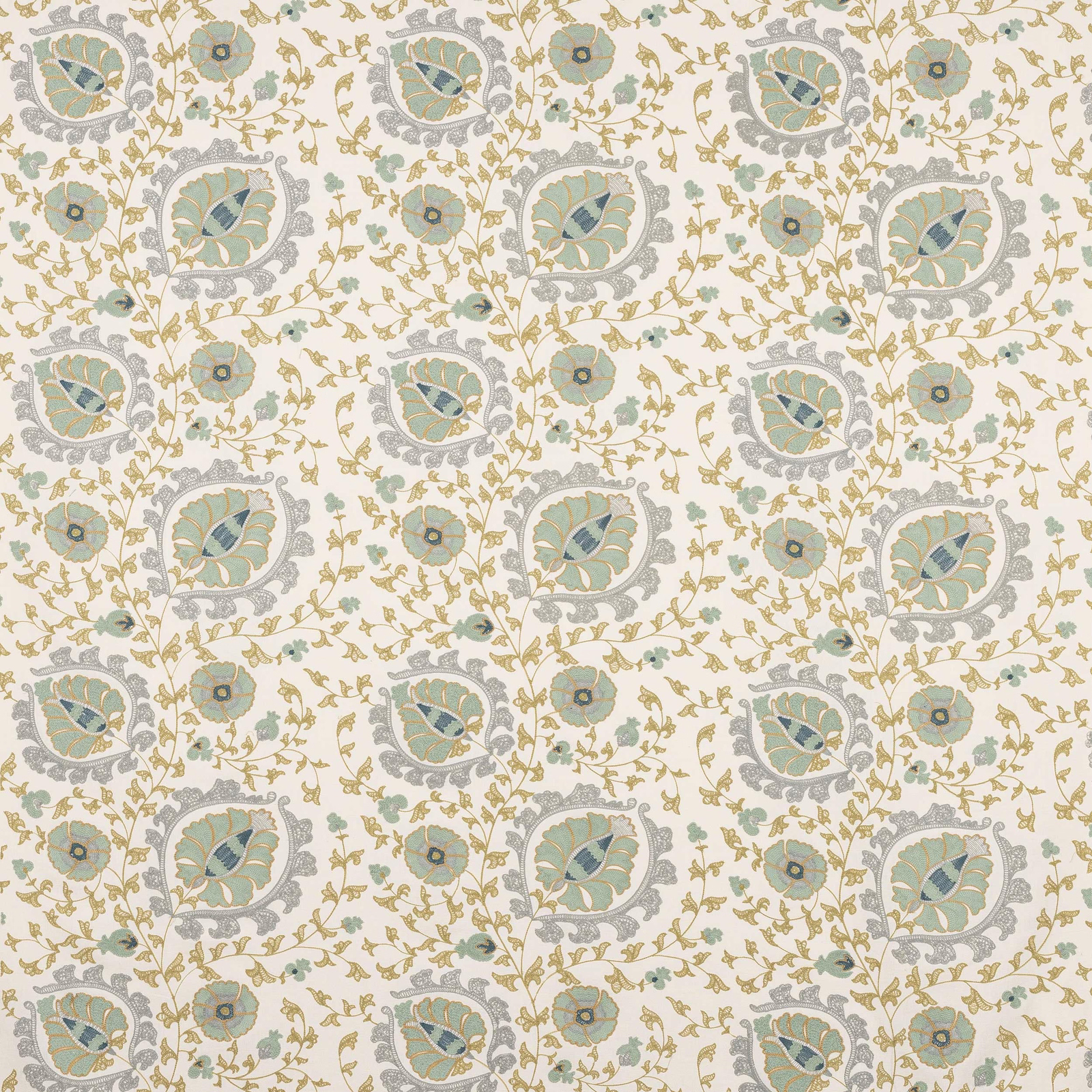 Pale aqua botanical fabric with grey medallions and gold vine trails