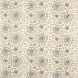 Pale aqua botanical fabric with grey medallions and gold vine trails