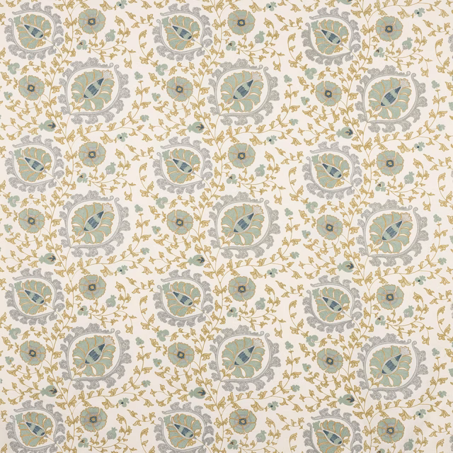 Pale aqua botanical fabric with grey medallions and gold vine trails