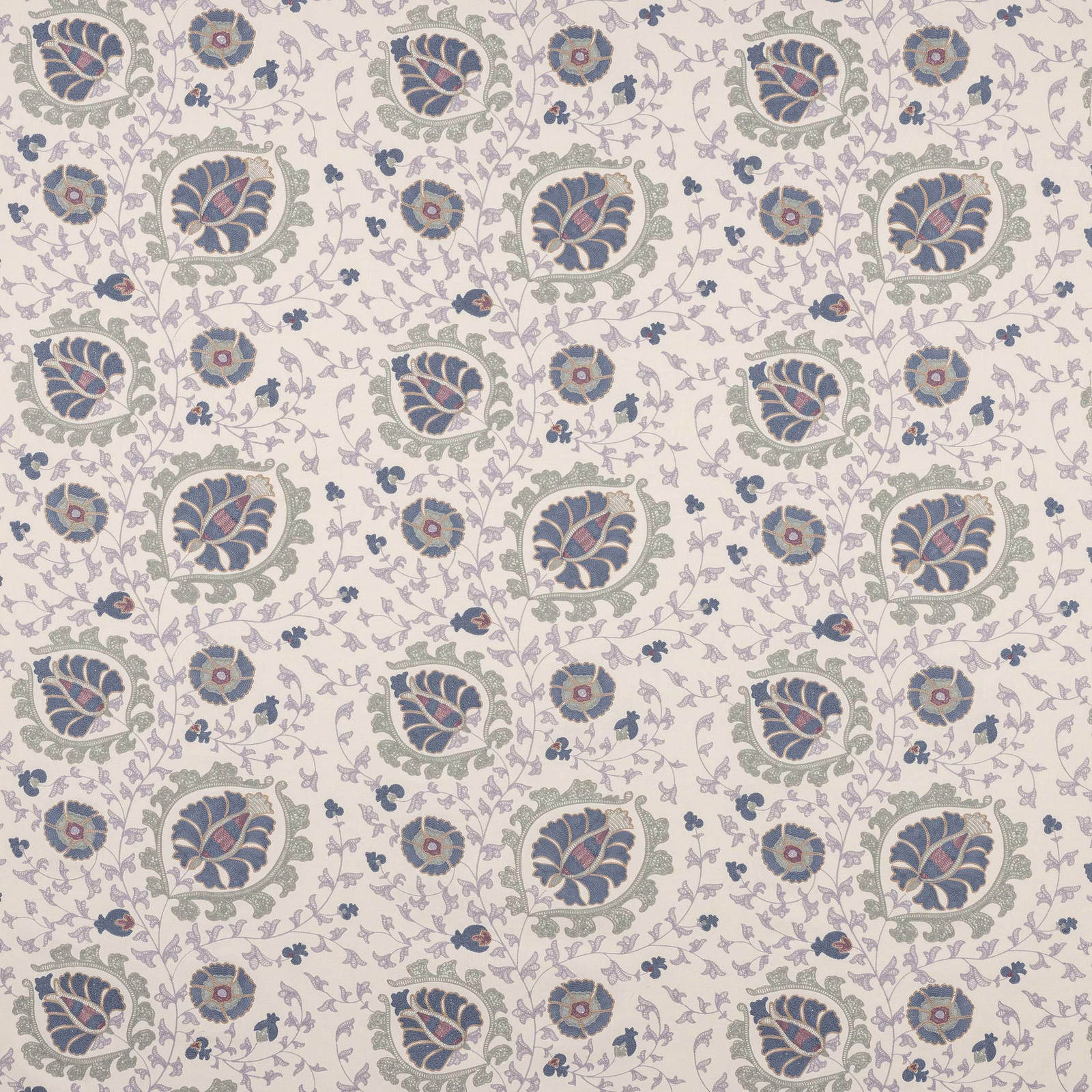 Pale floral fabric swatch with soft blue, sage and lilac leaf motifs