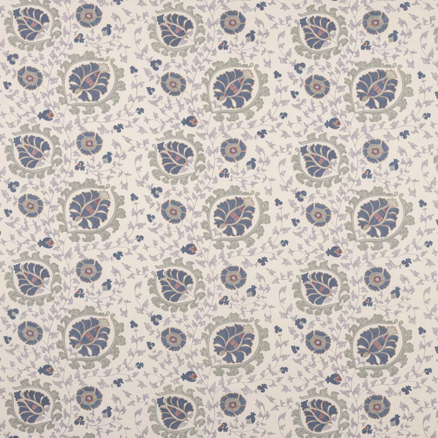 Pale floral fabric swatch with soft blue, sage and lilac leaf motifs