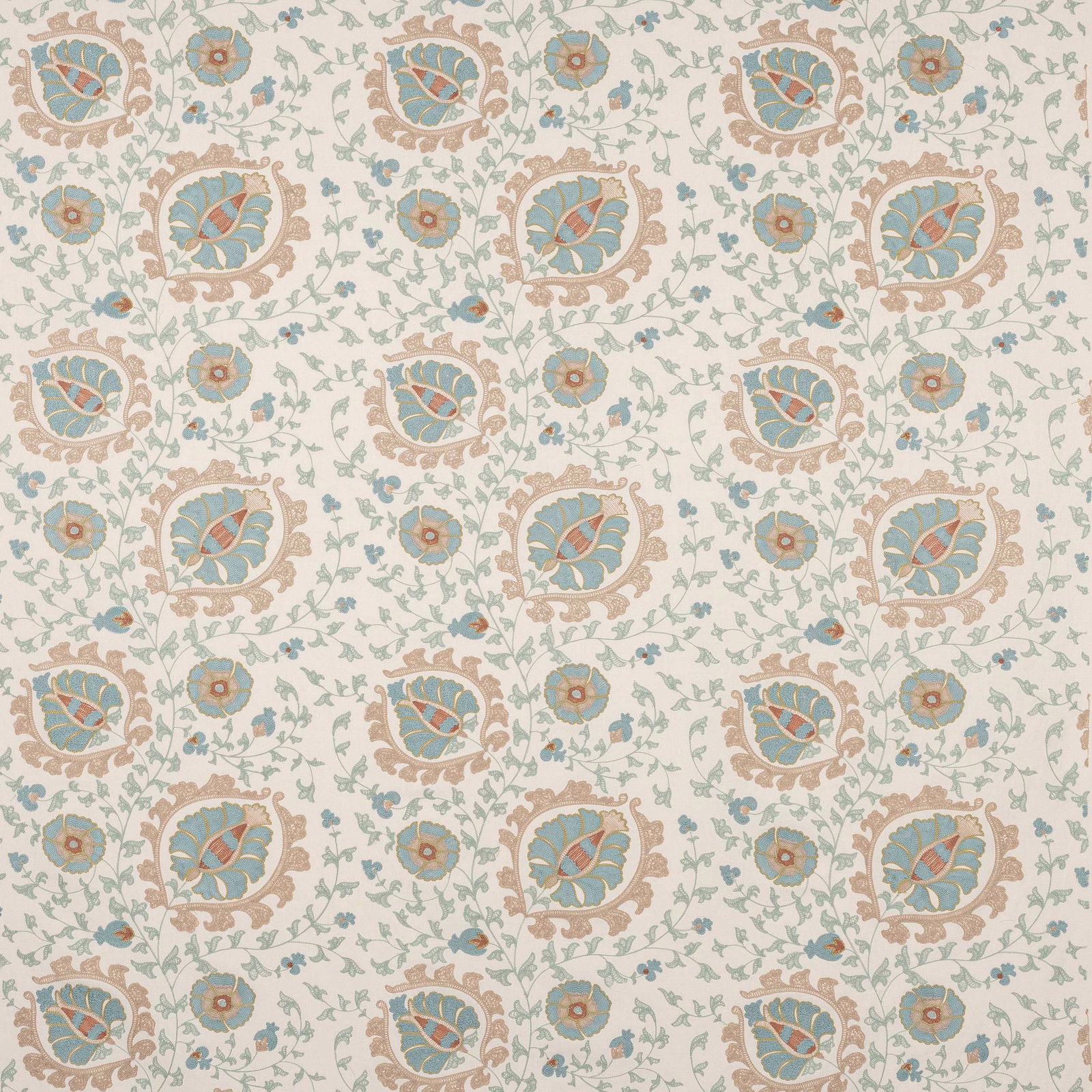 Pale floral fabric with soft old blue motifs and beige outlines on an ivory ground