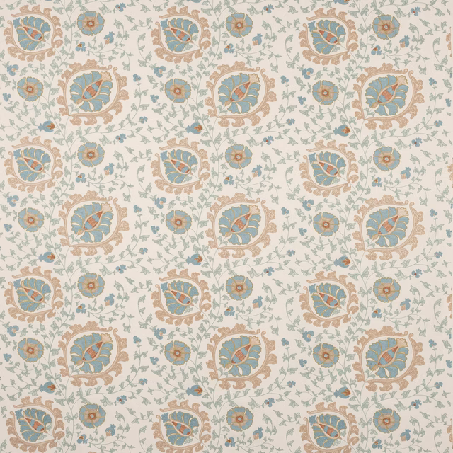 Pale floral fabric with soft old blue motifs and beige outlines on an ivory ground