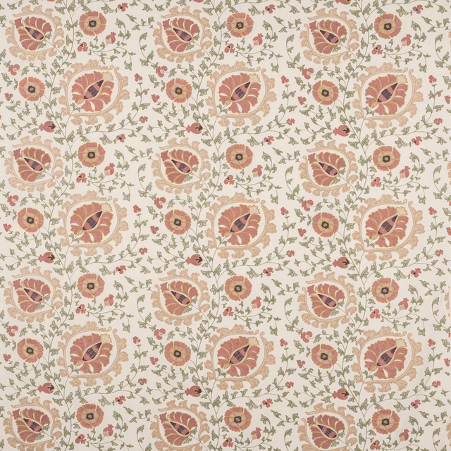 Floral fabric swatch with old pink medallions and sage green trailing stems