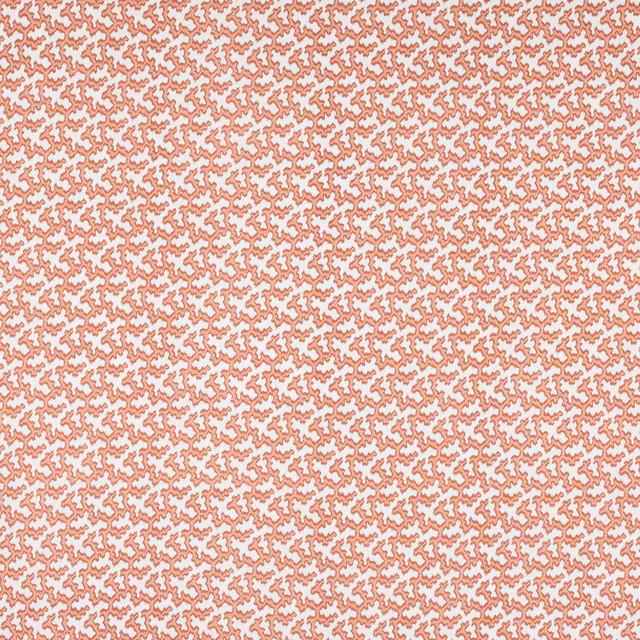 Small coral-red geometric pattern on a pale linen ground