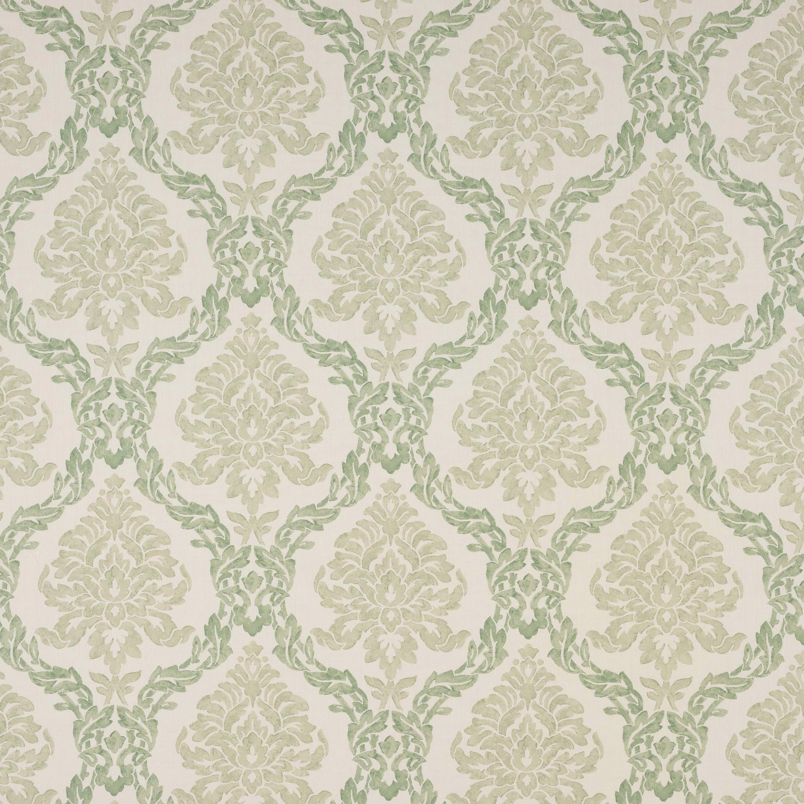Pale green damask linen swatch with leafy repeats on a cream ground