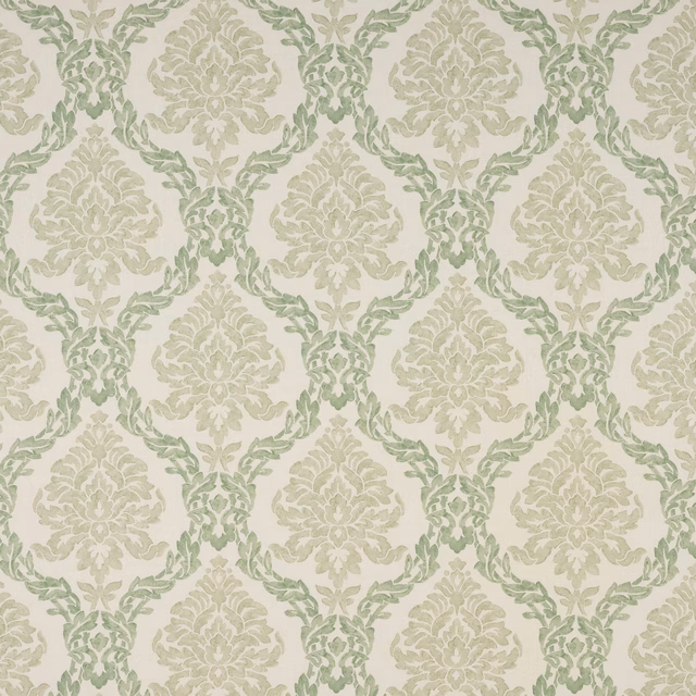Pale green damask linen swatch with leafy repeats on a cream ground