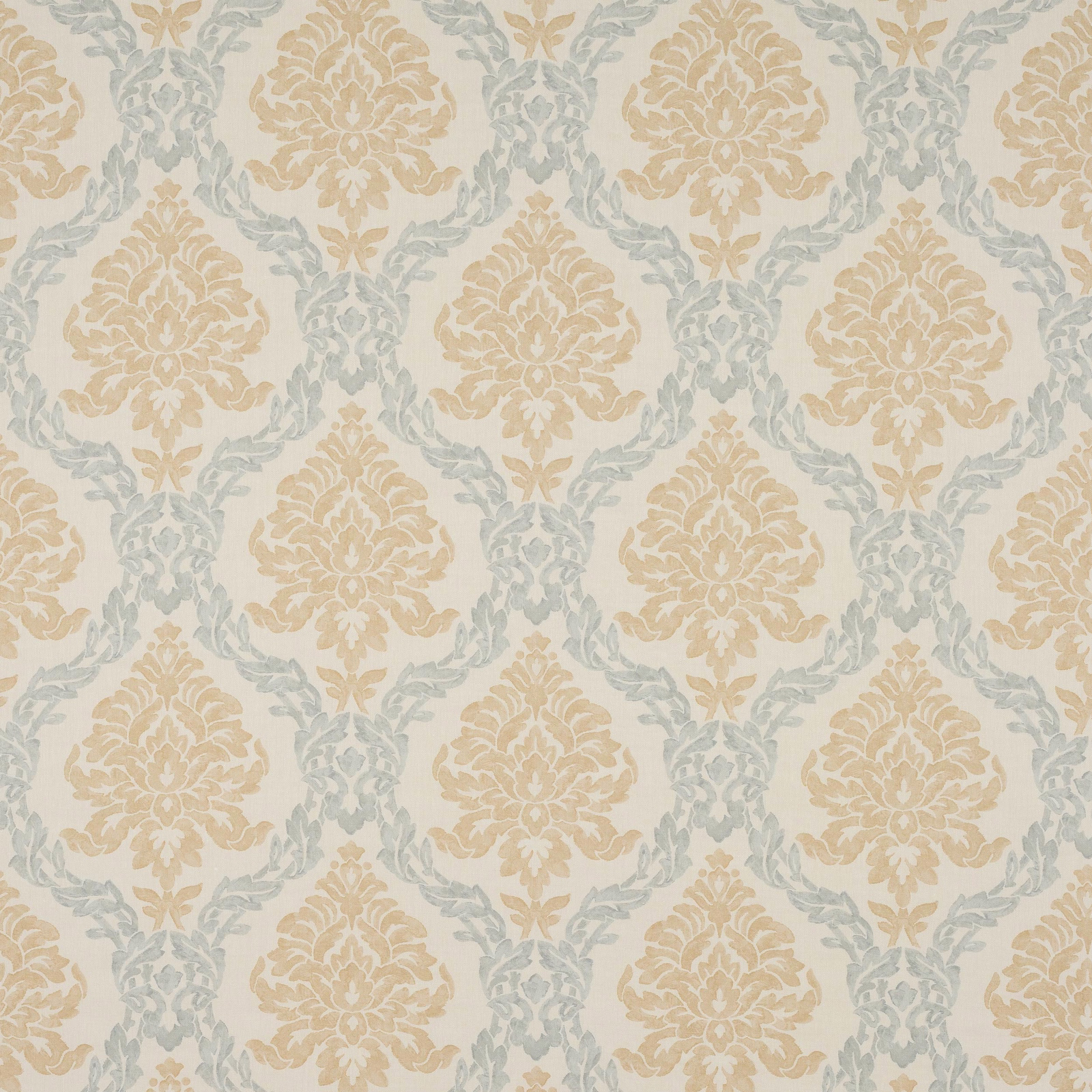 Cream linen damask swatch with soft gold motifs and pale blue scrolling lattice