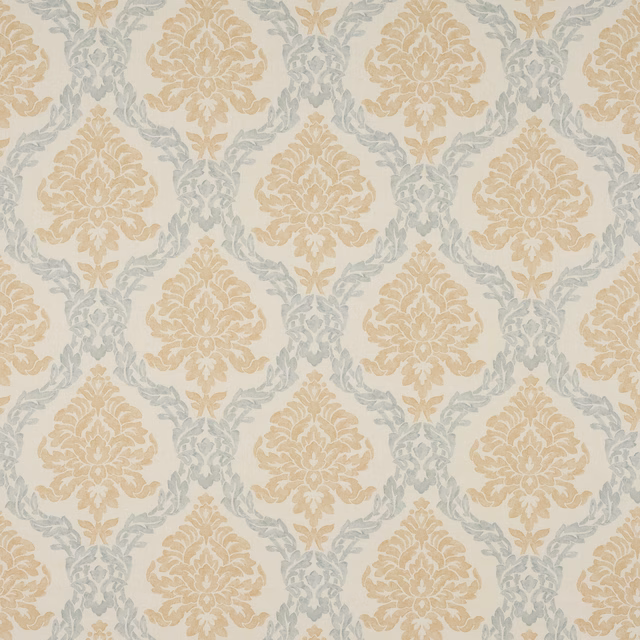 Cream linen damask swatch with soft gold motifs and pale blue scrolling lattice