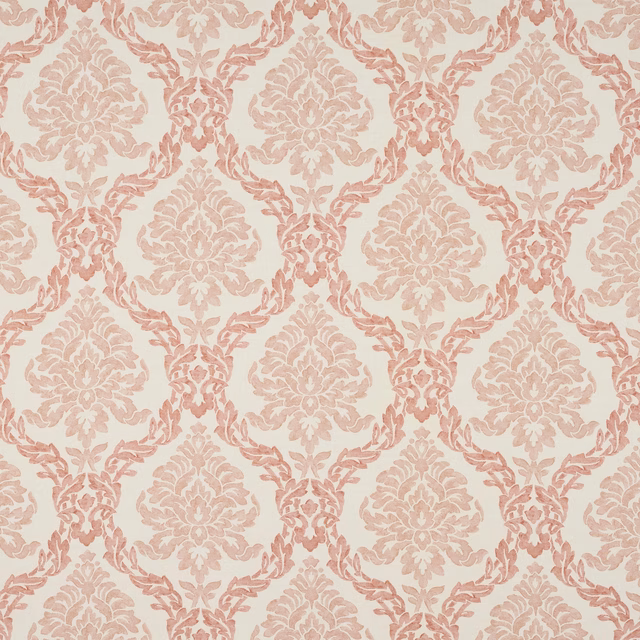 Pale rose-red damask linen swatch on a warm ivory ground
