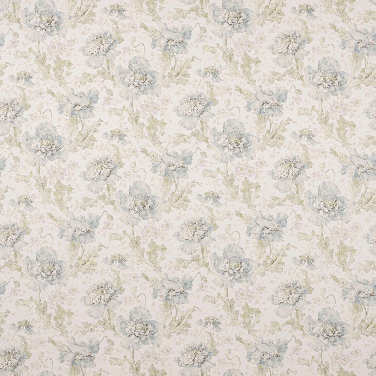 Pale blue-green floral fabric with soft painterly blooms on a cream ground
