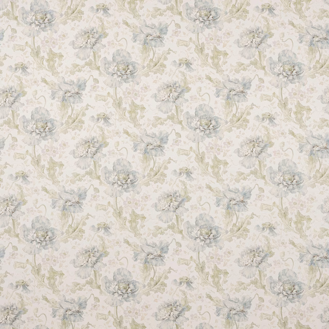 Pale blue-green floral fabric with soft painterly blooms on a cream ground
