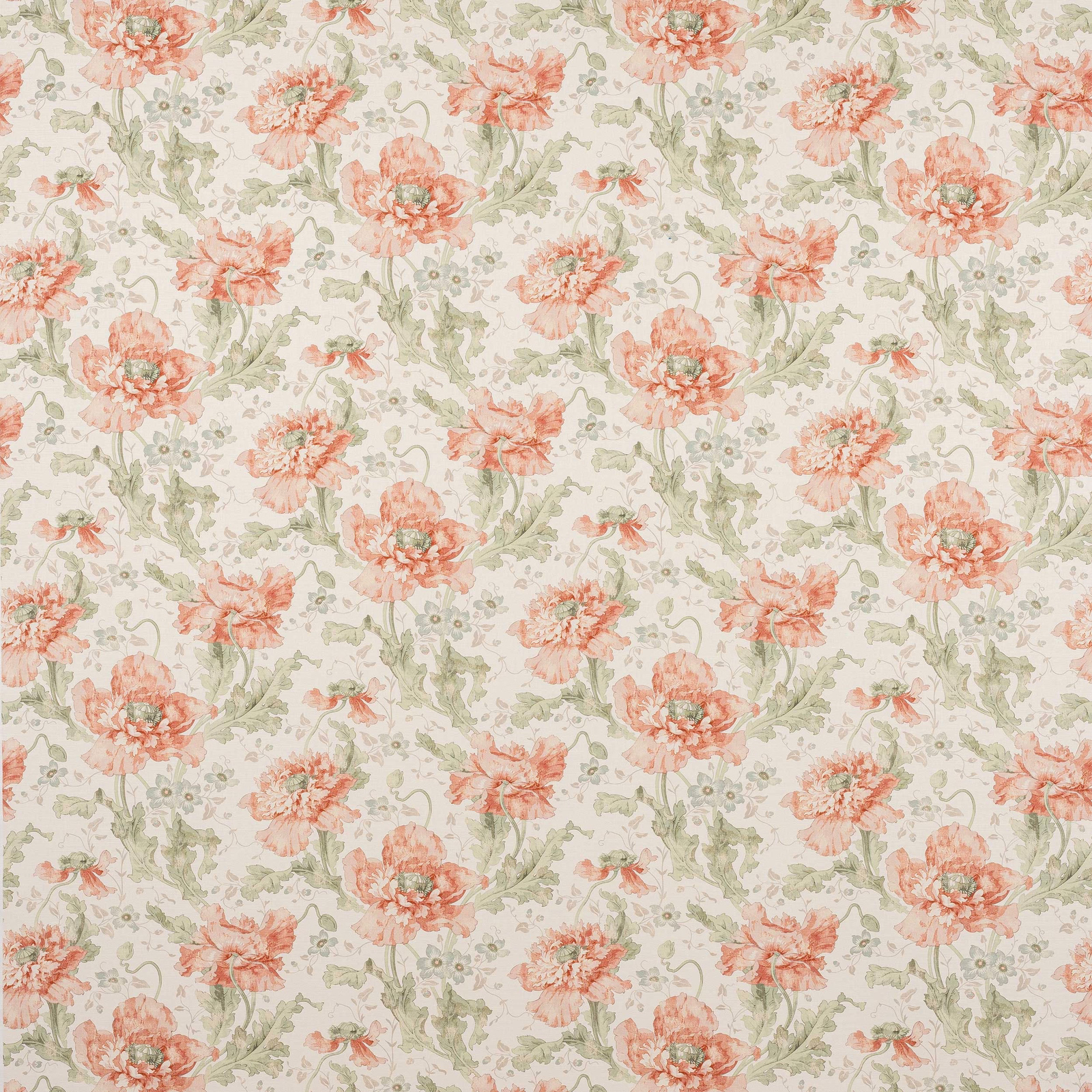 Coral-pink floral fabric with sage green scrolling stems on a pale ground