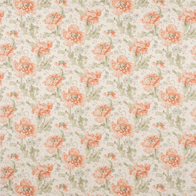 Coral-pink floral fabric with sage green scrolling stems on a pale ground