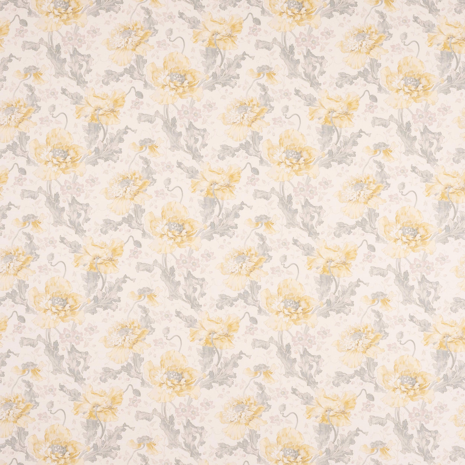 Pale floral fabric with primrose yellow blooms and grey-blue foliage on ivory