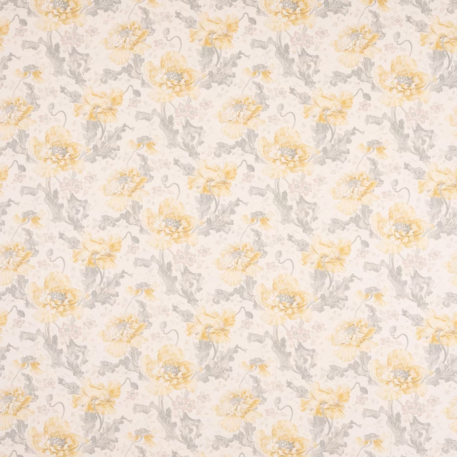 Pale floral fabric with primrose yellow blooms and grey-blue foliage on ivory