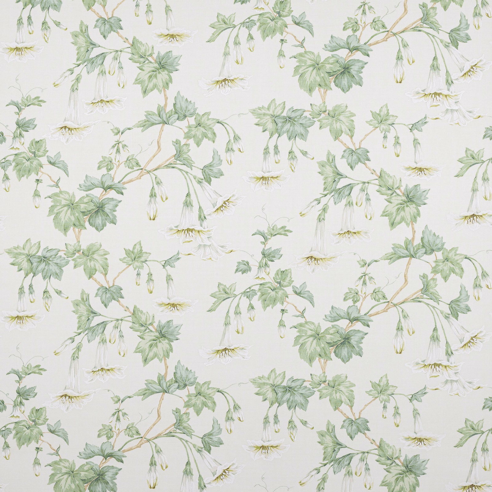 Soft sage floral trail on an ivory linen ground with hanging cream blossoms