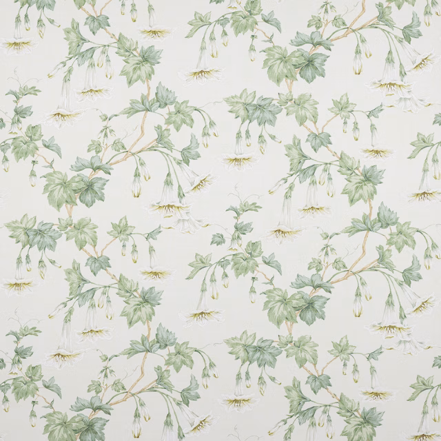 Soft sage floral trail on an ivory linen ground with hanging cream blossoms