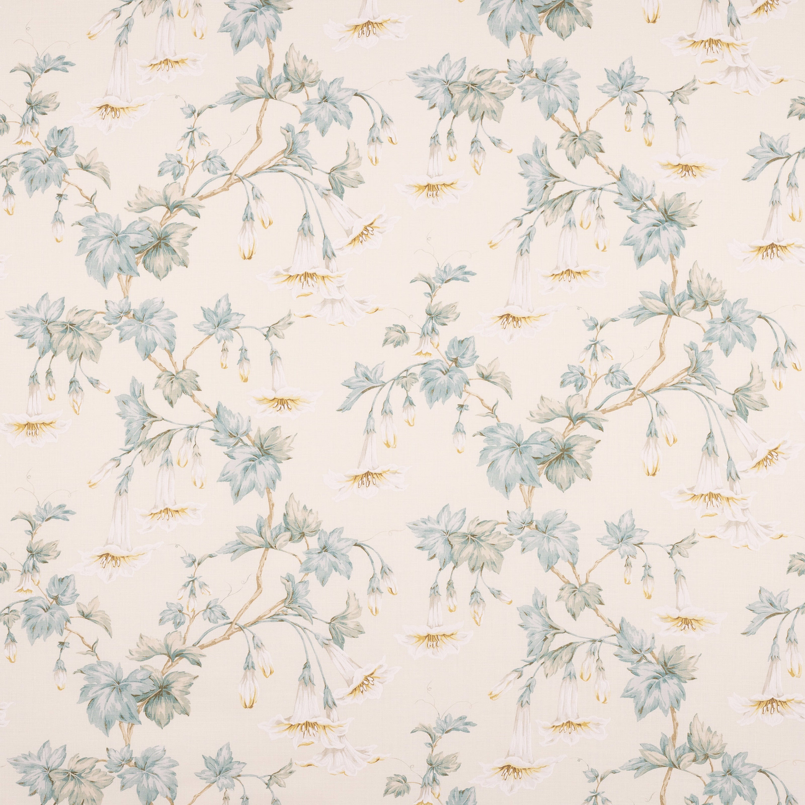 Ivory linen fabric with trailing aqua leaves and pale hanging floral sprigs