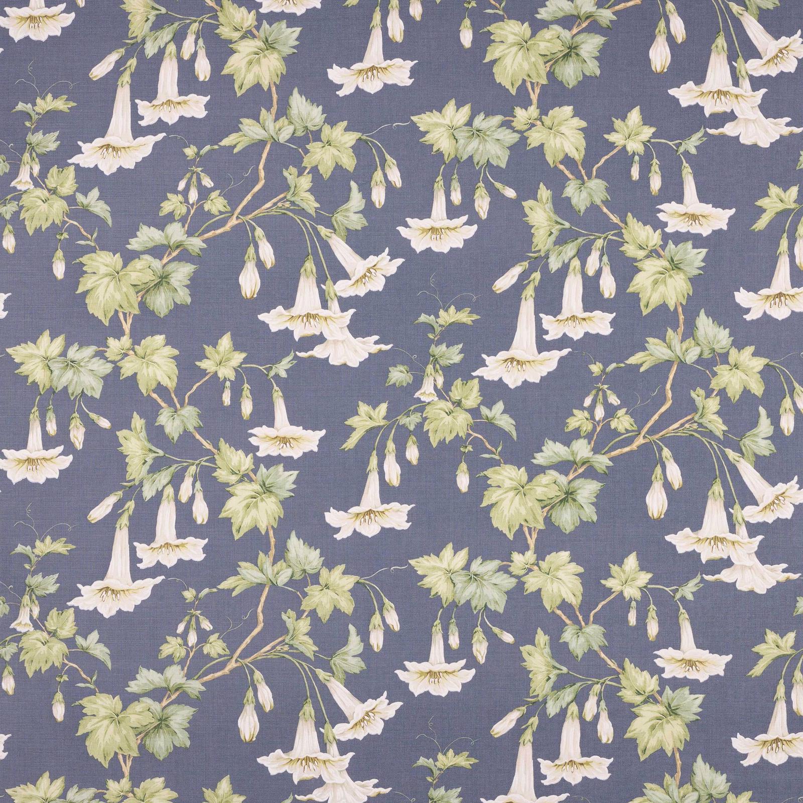 Blue linen fabric with trailing cream bellflowers and pale green leaves